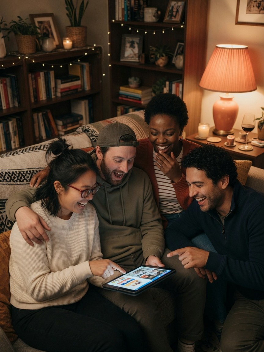 Quatre amis souriants autour d’une tablette