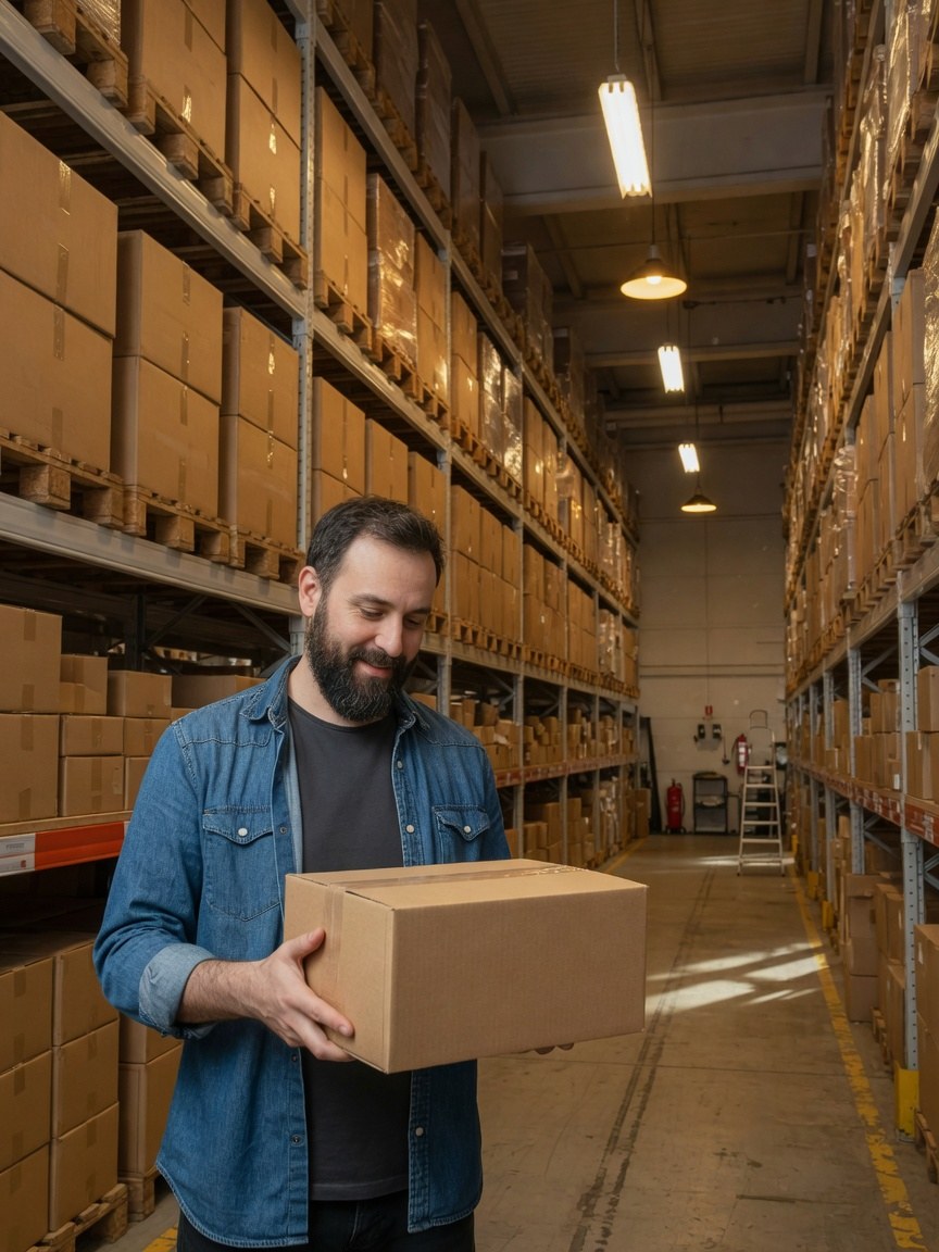 Commerçant tenant une boîte dans un entrepôt
